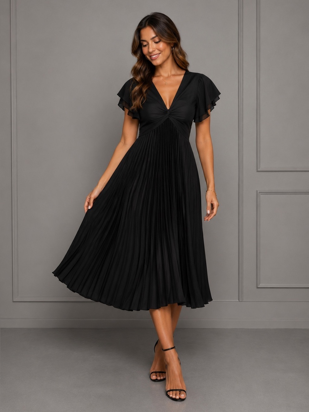 PETAL & PUP NOVA FLUTTER SLEEVE MIDI DRESS - BLACK M B2430